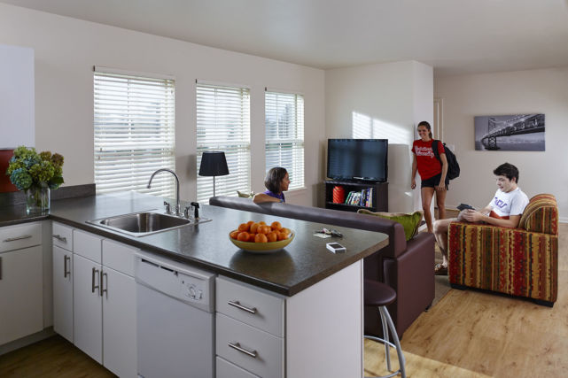 renovated student housing kitchen and living room