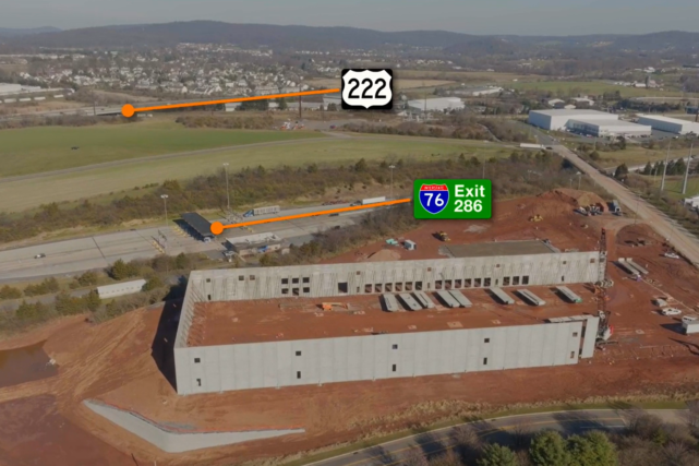 Catalyst Commercial Development Muddy Creek Warehouse during construction showing location to the PA Turnpike and US Route 222